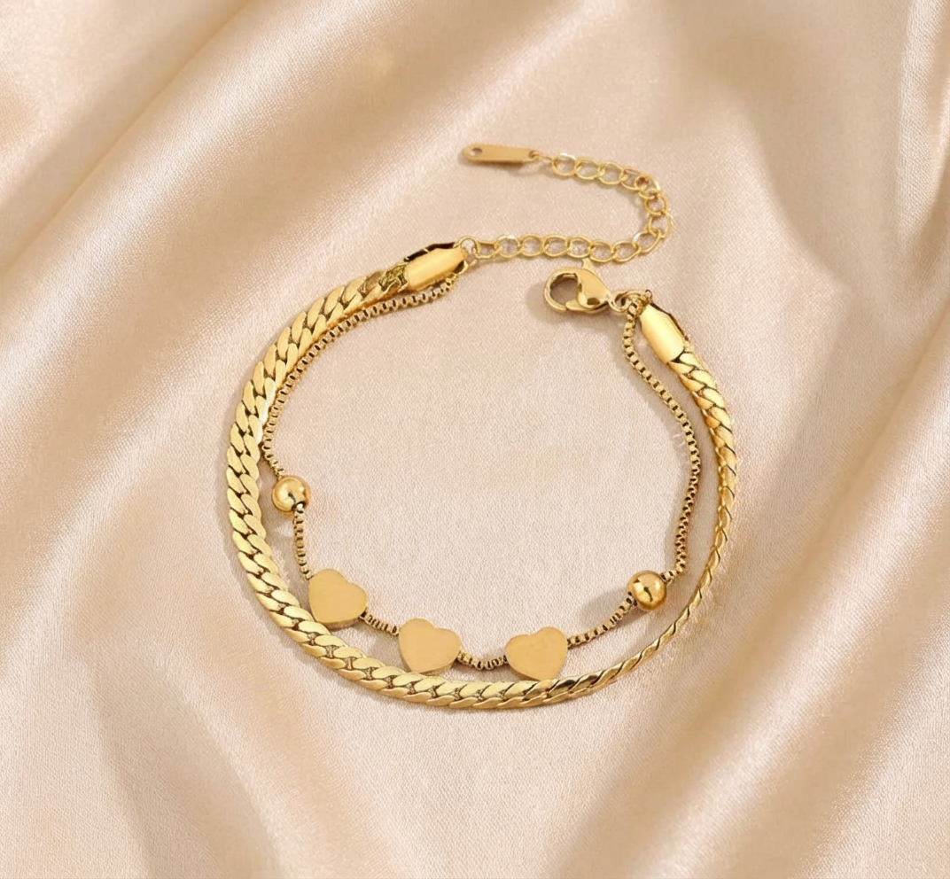 Bracelet Double Chaîne Cœurs Doré