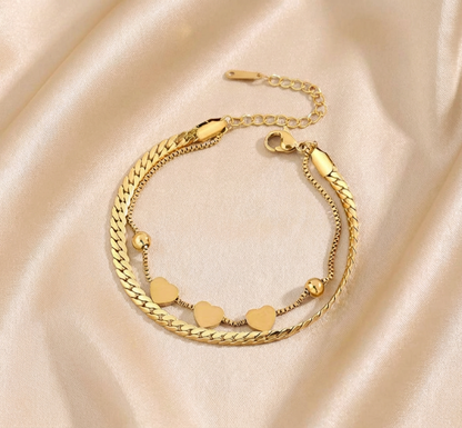 Bracelet Double Chaîne Cœurs Doré