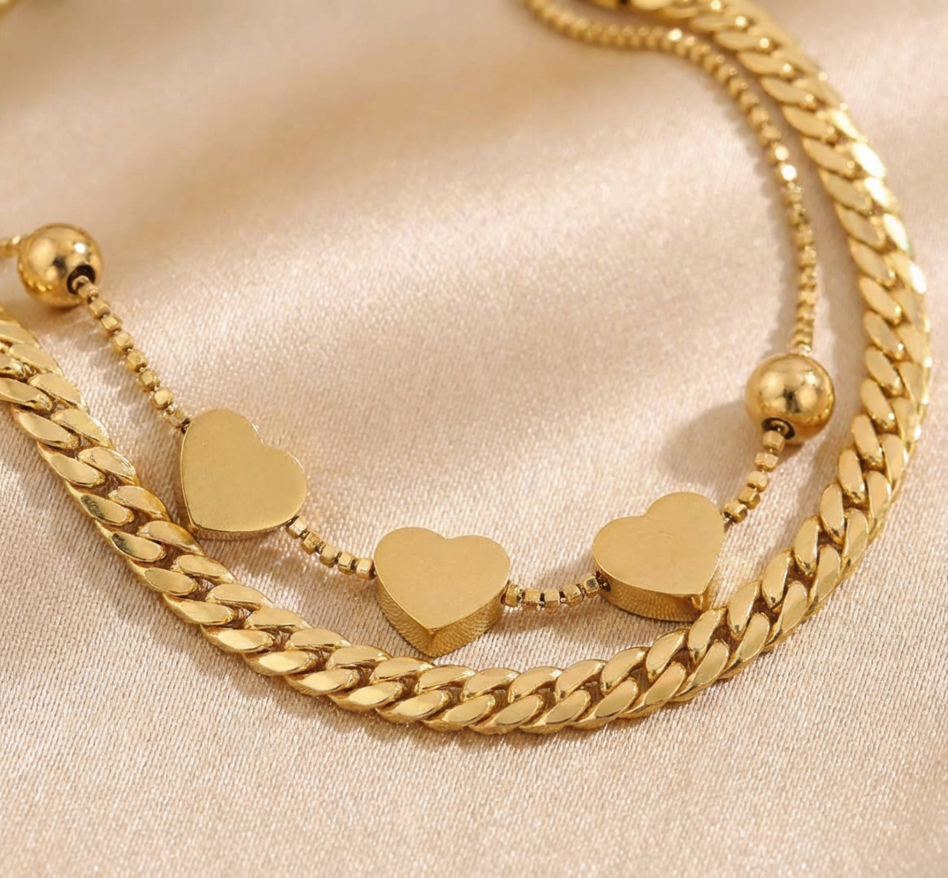 Bracelet Double Chaîne Cœurs Doré