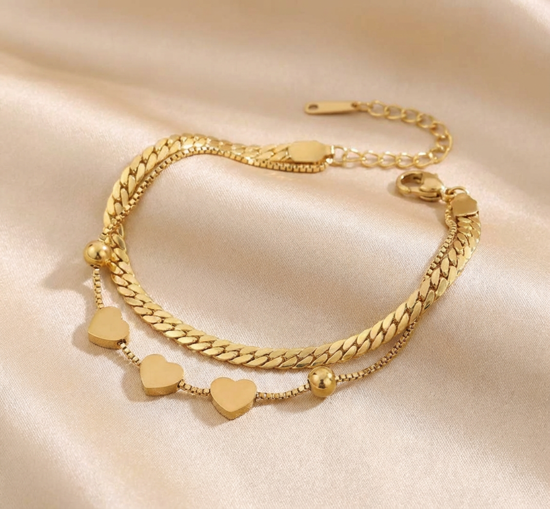 Bracelet Double Chaîne Cœurs Doré