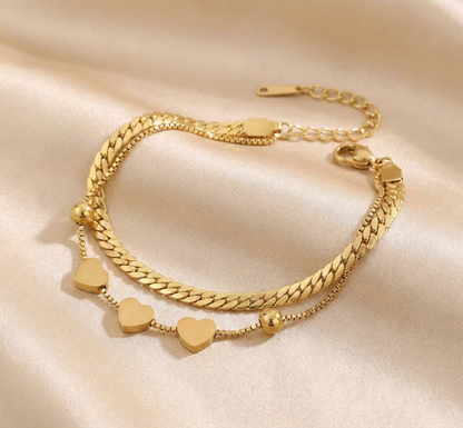 Bracelet Double Chaîne Cœurs Doré