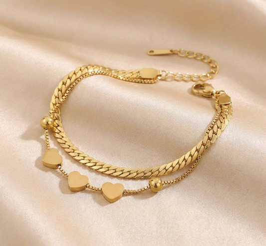 Bracelet Double Chaîne Cœurs Doré