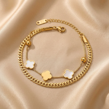 Bracelet Double Chaîne Trèfles Doré