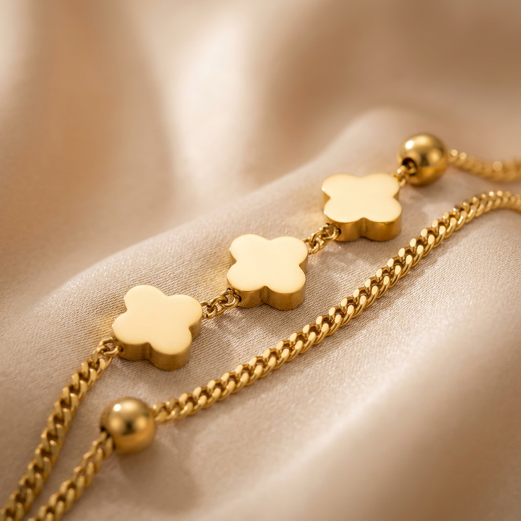 Bracelet Double Chaîne Trèfles Doré