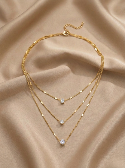 Collier Triple Rang Cristaux Doré