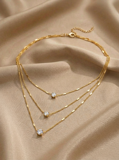 Collier Triple Rang Cristaux Doré