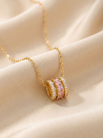 Collier Cylindre Cristaux Roses Doré