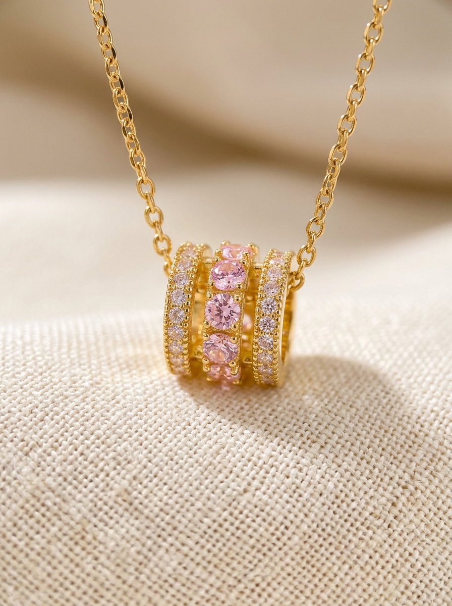 Collier Cylindre Cristaux Roses Doré