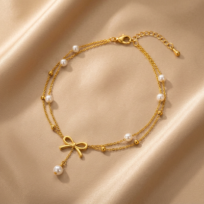 Collier Cheville Nœud & Perles Doré