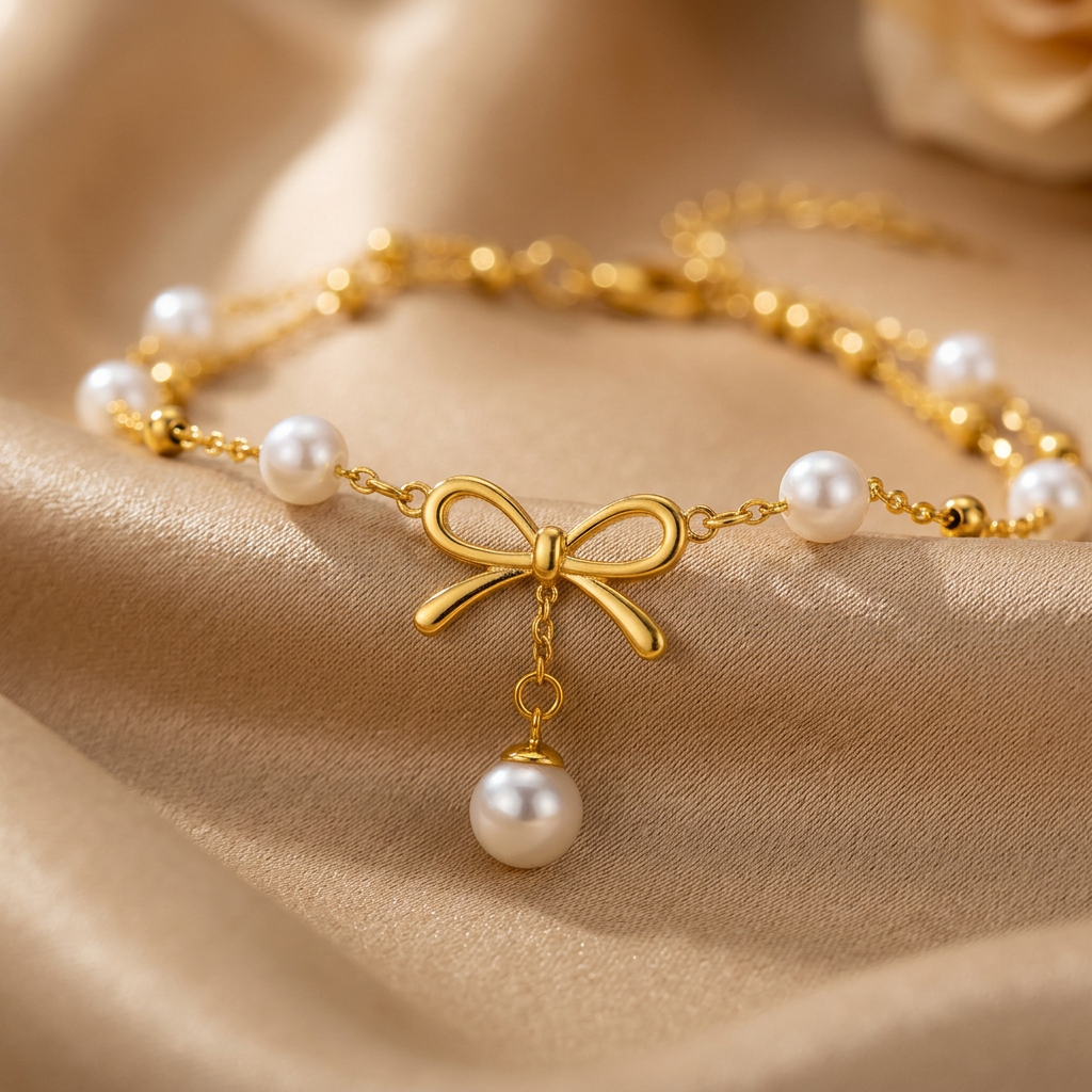 Collier Cheville Nœud & Perles Doré