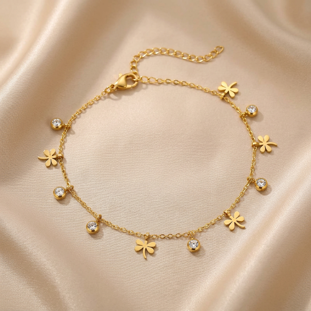Collier Cheville Trèfles & Cristaux Doré