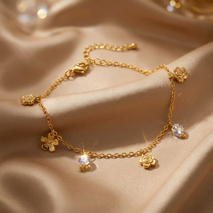 Collier Cheville Trèfles & Cristaux Doré