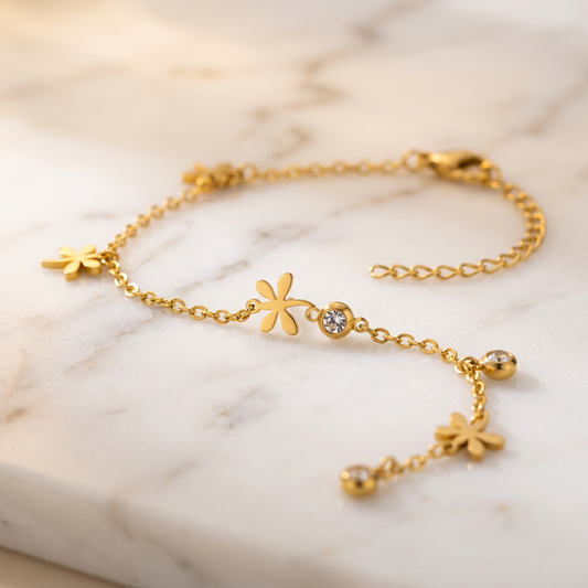 Collier Cheville Trèfles & Cristaux Doré