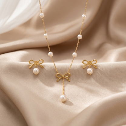 Set Collier + Boucles Nœud Perles Doré