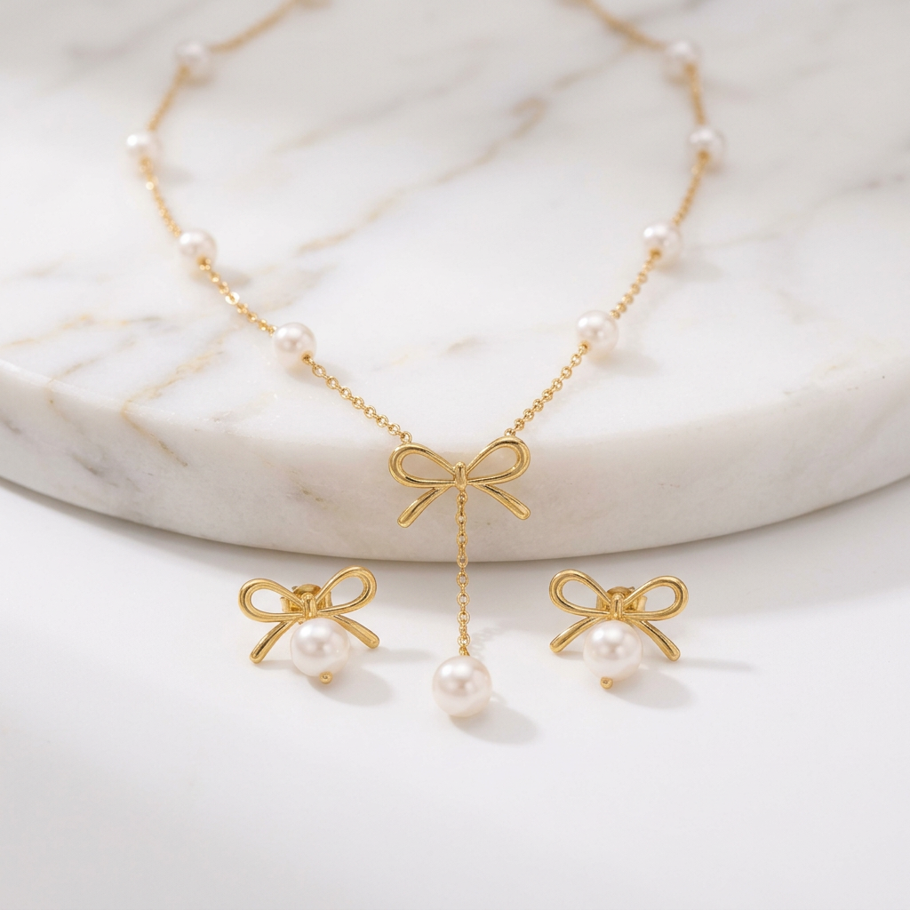 Set Collier + Boucles Nœud Perles Doré