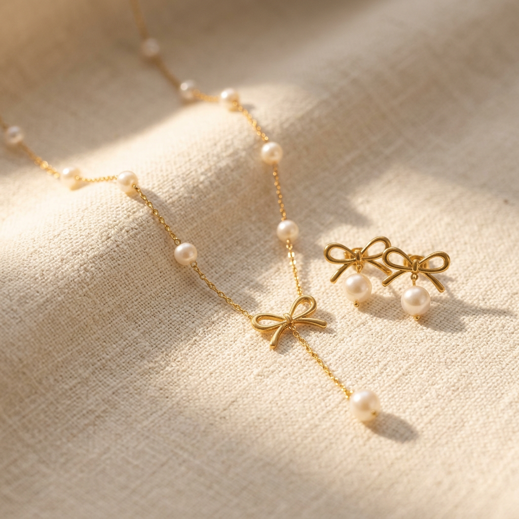 Set Collier + Boucles Nœud Perles Doré