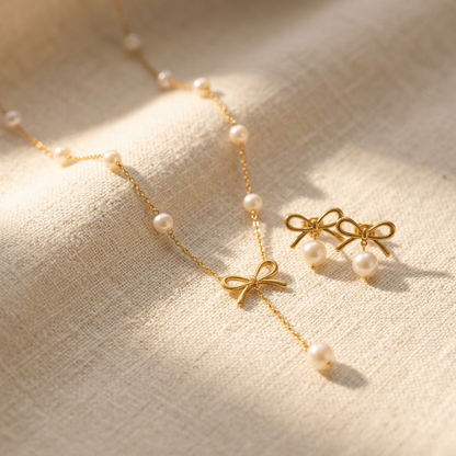 Set Collier + Boucles Nœud Perles Doré